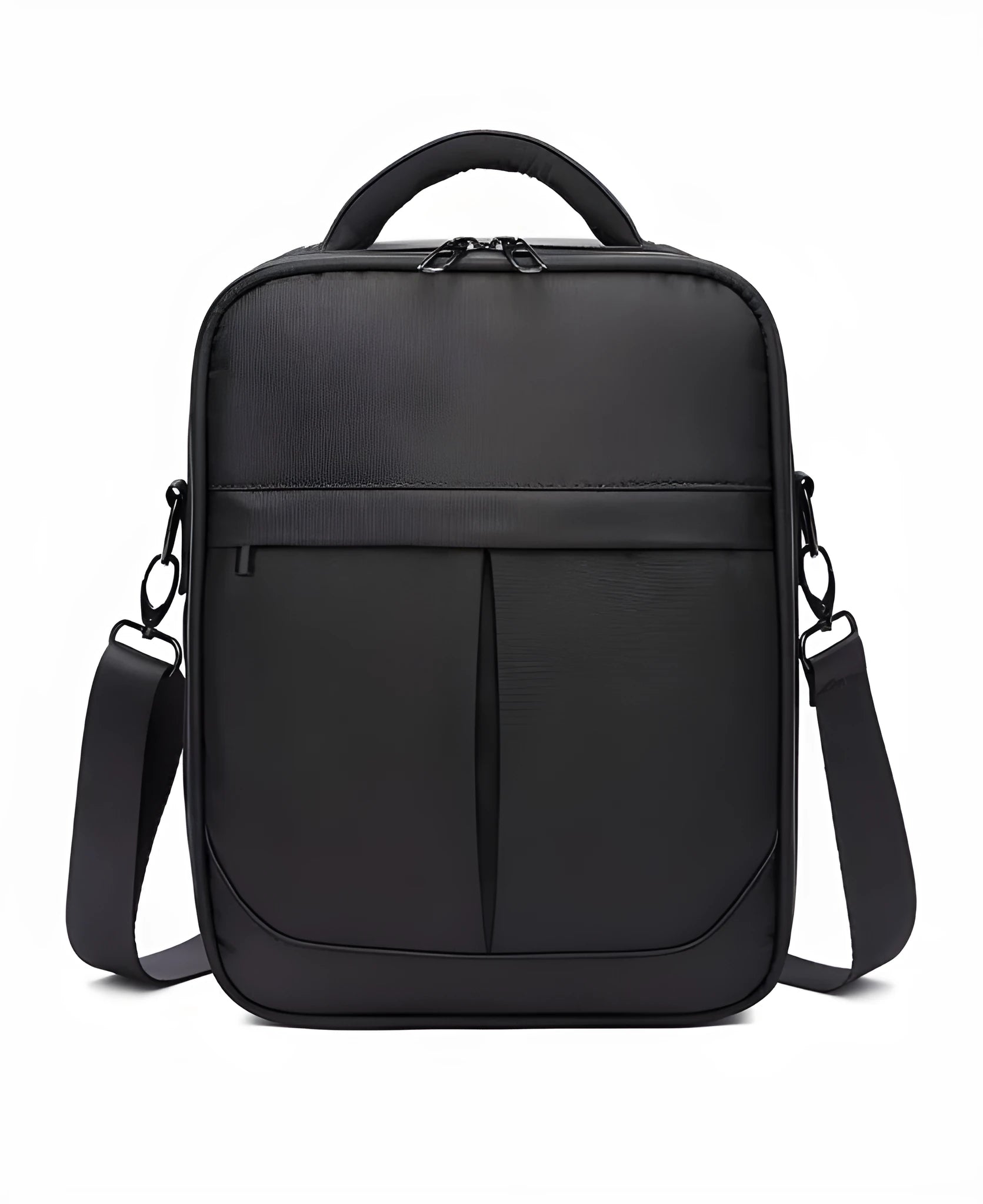 Black Oxford fabric men's messenger bag with adjustable shoulder strap and multiple compartments