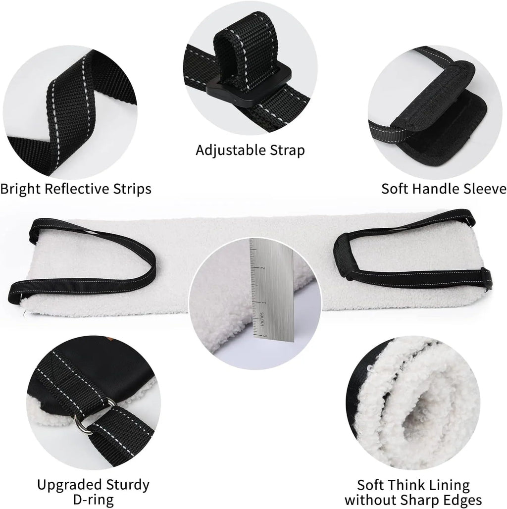 Adjustable dog mobility sling under a dog's hindquarters with reflective nylon straps and a padded liner.