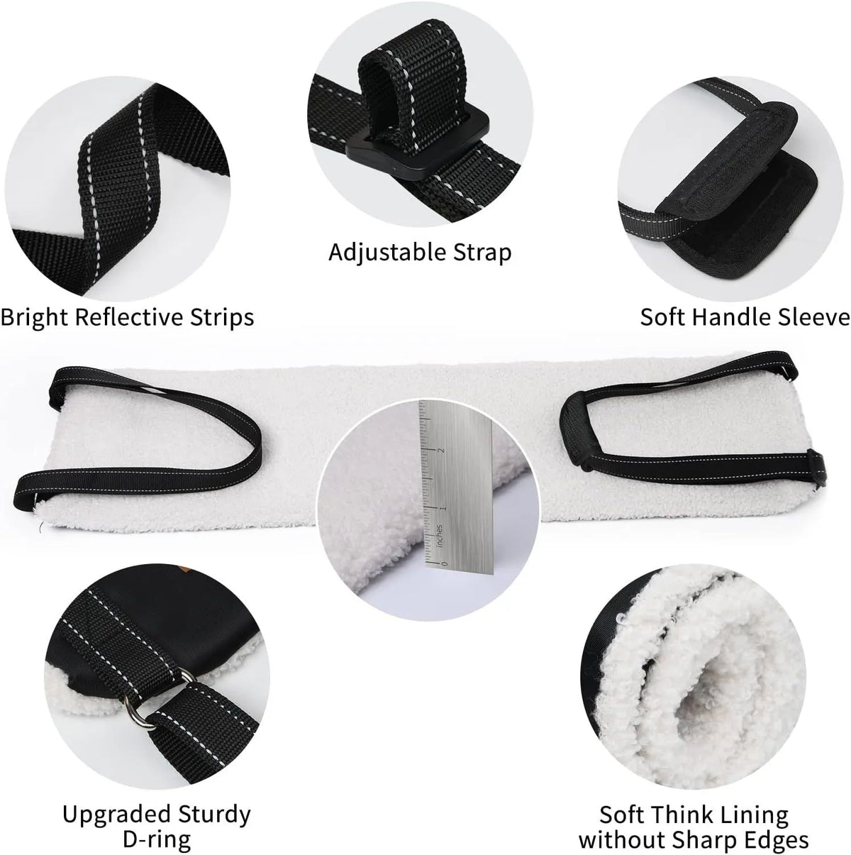 Adjustable dog mobility sling under a dog's hindquarters with reflective nylon straps and a padded liner.