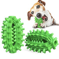 Green and yellow cactus-shaped dog chew toy with textured bumps and a central channel for dental care.