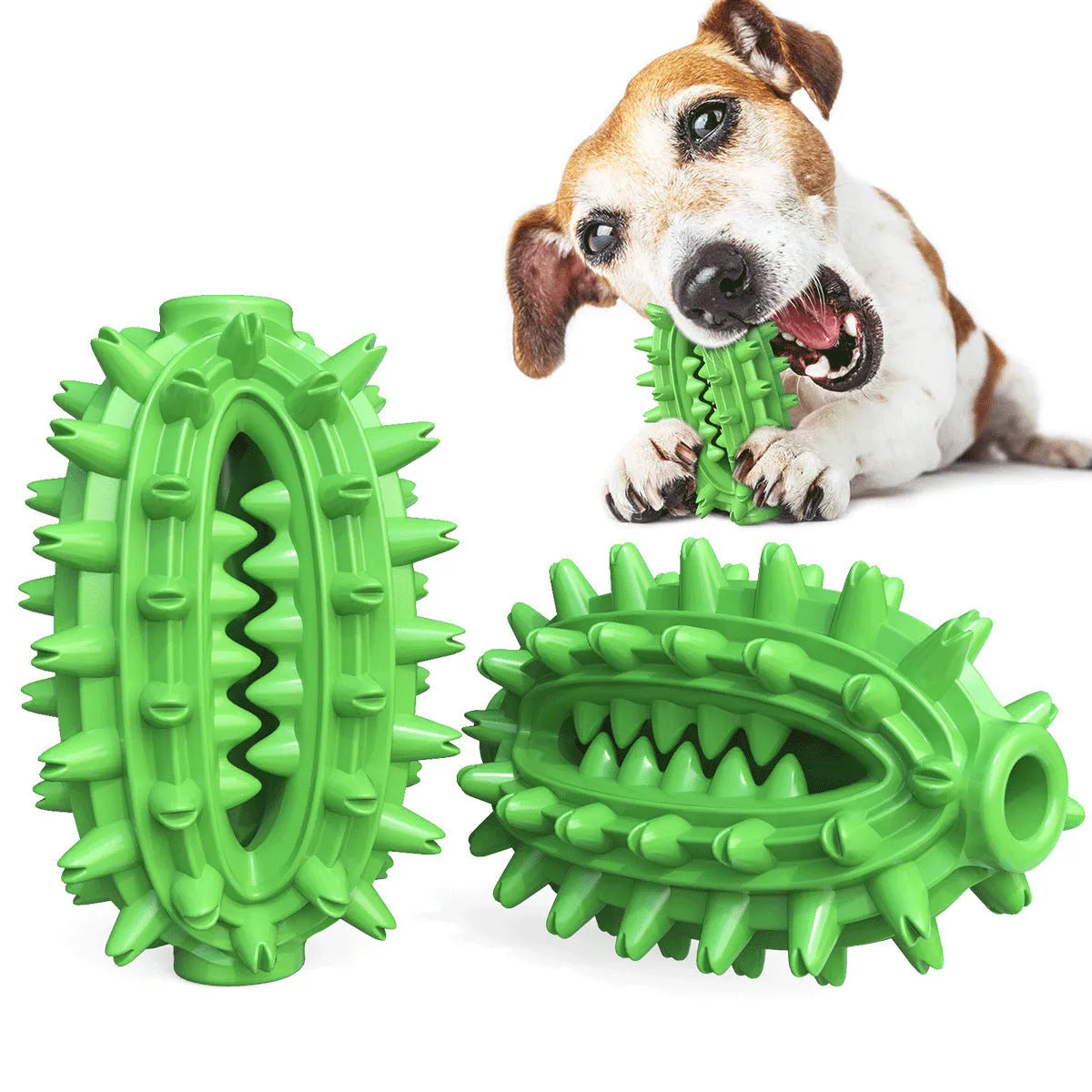 Green and yellow cactus-shaped dog chew toy with textured bumps and a central channel for dental care.