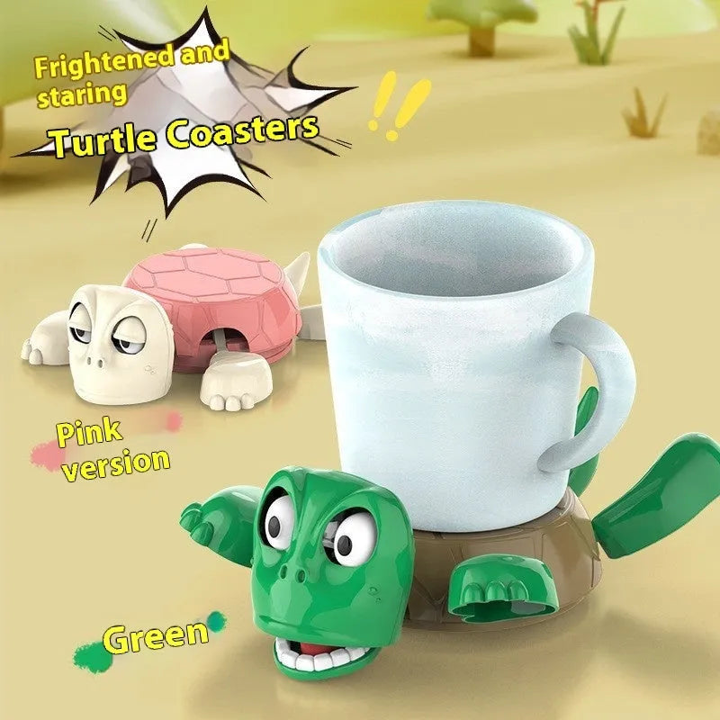 Creative turtle-shaped ABS plastic coaster in green on a wooden table.