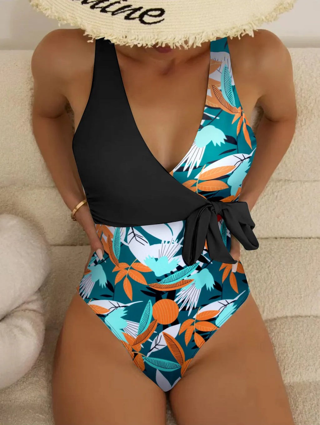 Women's high waist one-piece swimsuit with printed pattern in polyester fabric