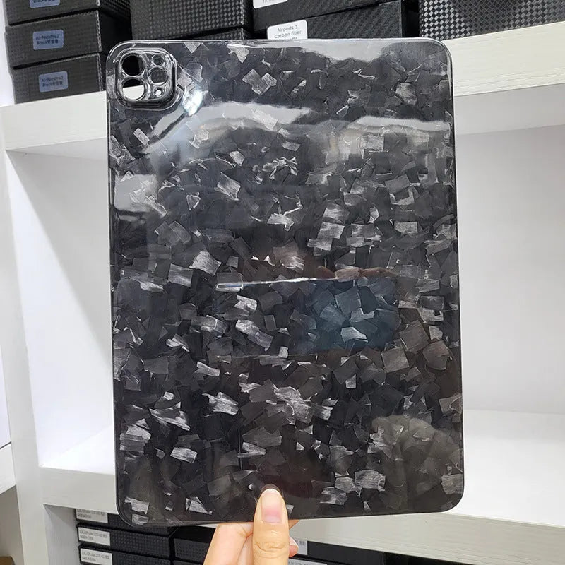 Carbon fibre protective cover for iPad Pro 11 showing embossed plaid texture