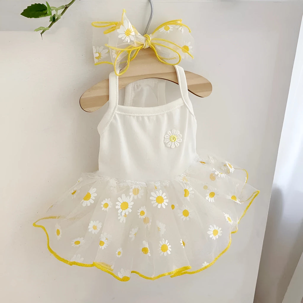 Yellow little daisy patterned thin dog clothes with floral accessories for summer canine wear