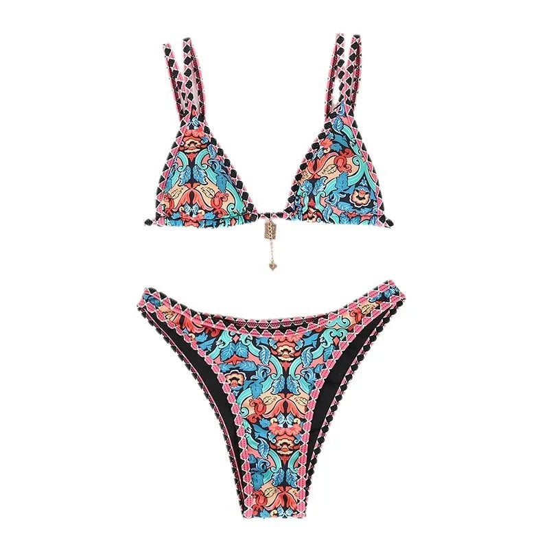 Retro printed women's swimwear bikini in polyester fabric for swimming sports