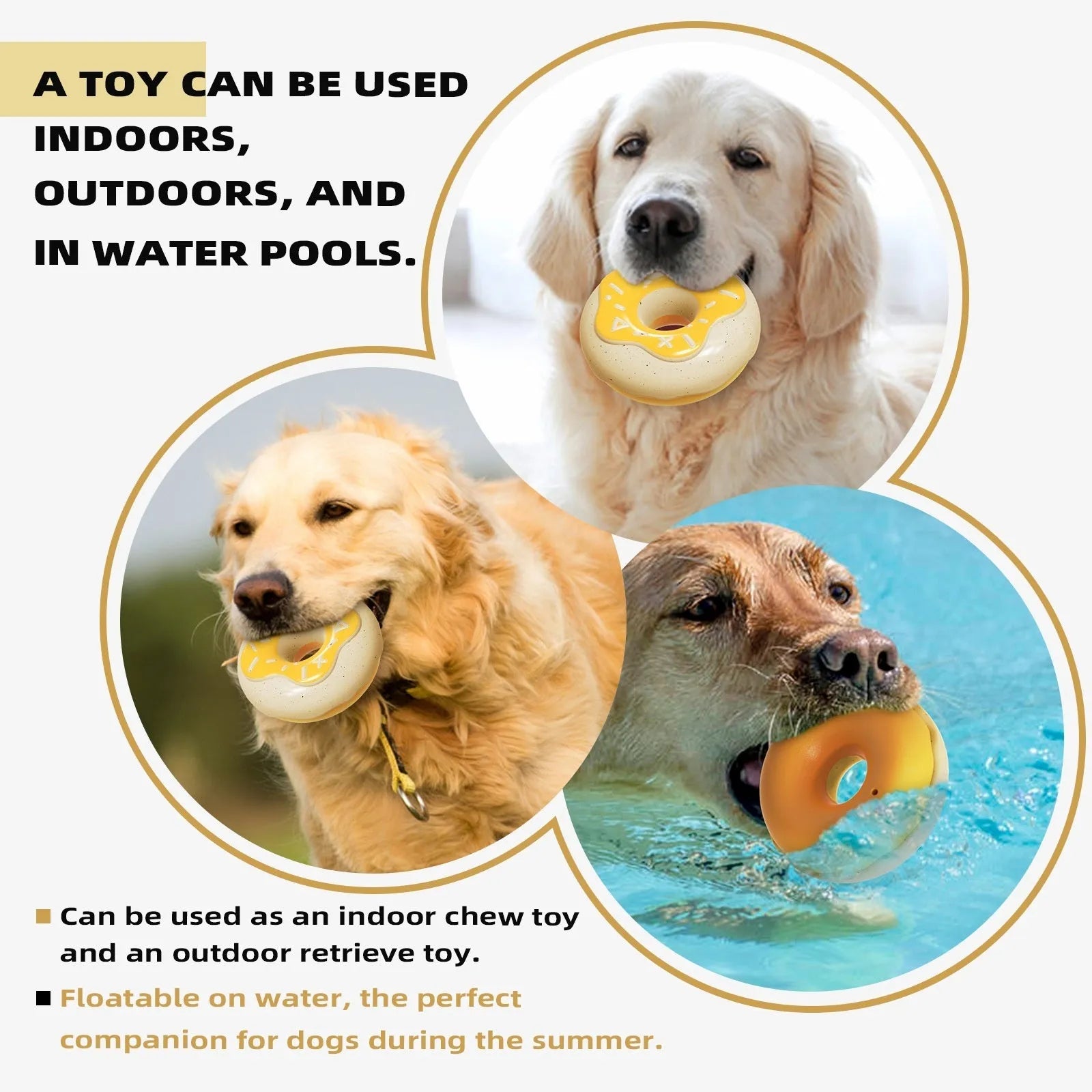 TPR donut-shaped dog toy in pink, yellow, or chocolate colours for teeth cleaning with sound features