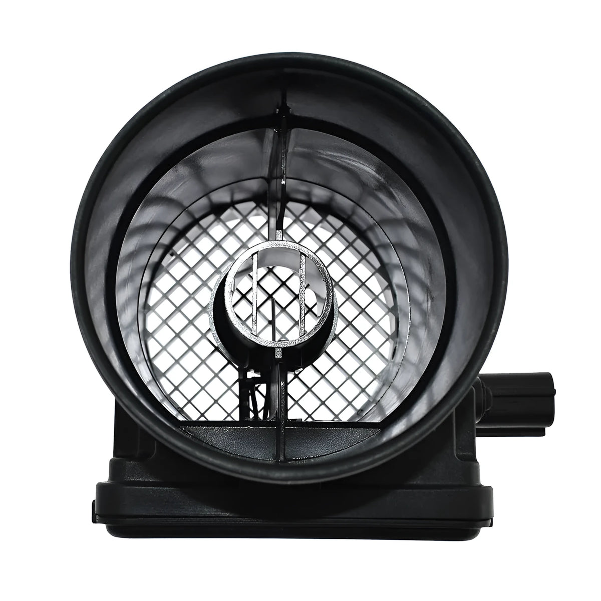 Black plastic automotive air flow meter with standard specifications for engine measurement
