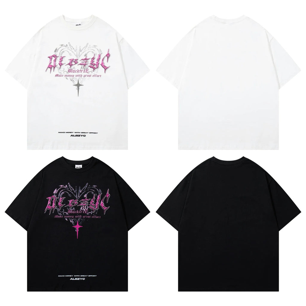 Men's black cotton t-shirt with retro printed design on round neck, loose fit short sleeves