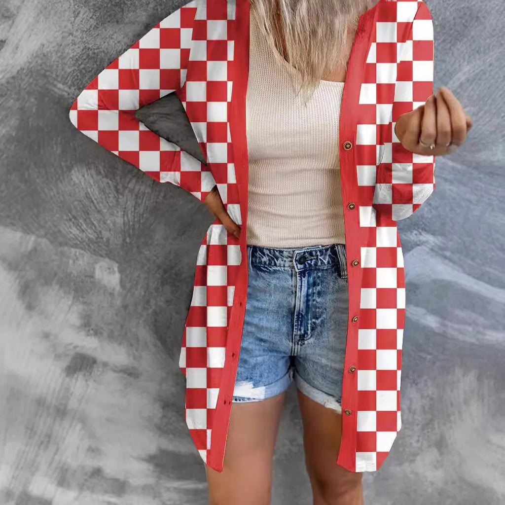 Long grey plaid patterned women's knitted cardigan coat with loose fit and regular sleeves.