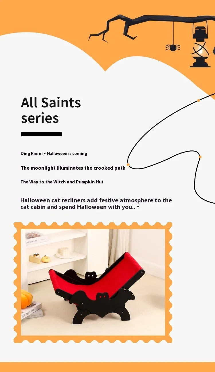 MW-054 wooden bat design cat recliner bed in black and red Halloween colours