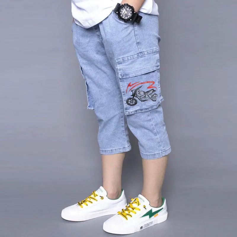 Boys loose stretch cropped jeans in blue cotton with high waist, sizes 105cm to 170cm