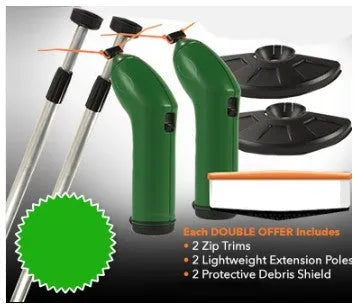 Cordless Zip Trim handheld lawn mower and weed trimmer with extension pole and debris shield.