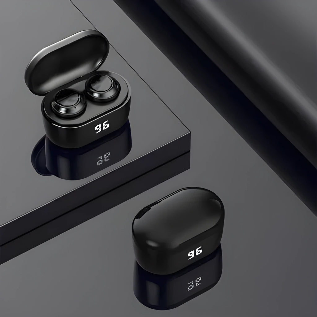 Black stereo Bluetooth 5.0 headset earbuds with power display and NFC function