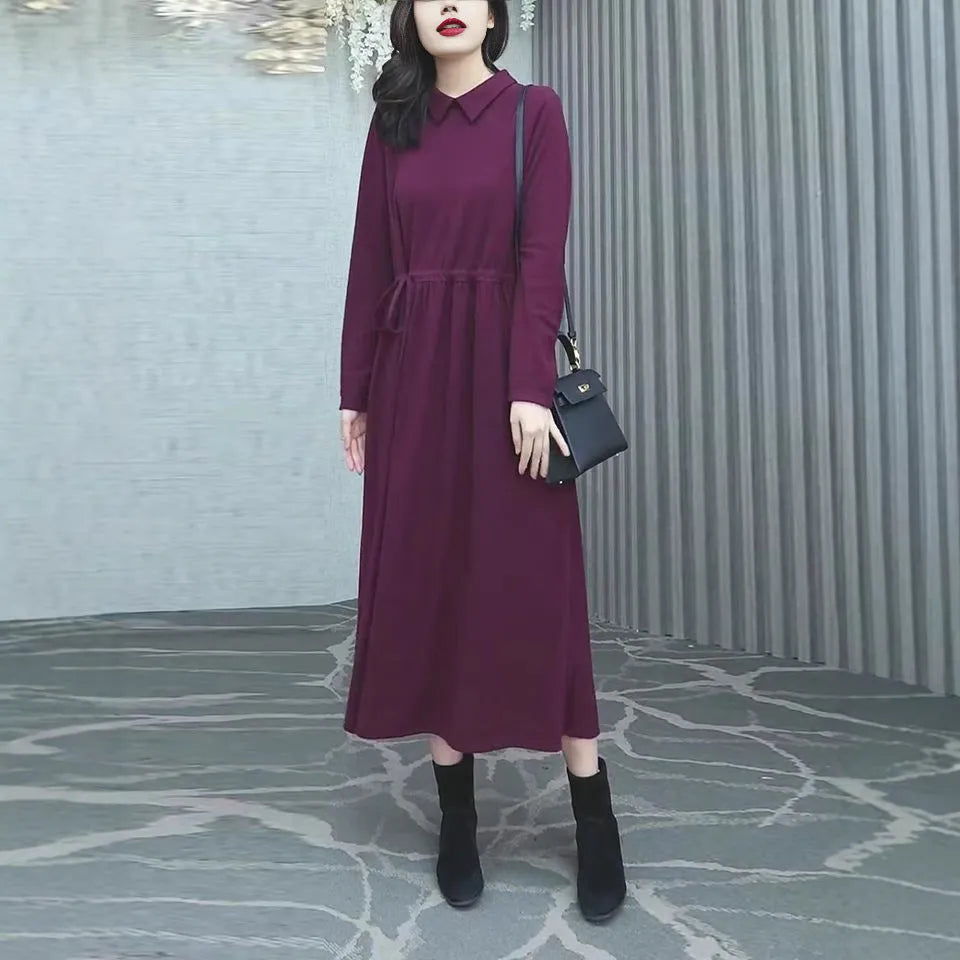 Purplish red solid colour plus size women's dress with long sleeves and long skirt for autumn winter.