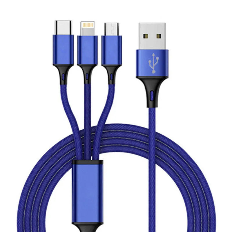 Black 3-in-1 braided charging cable with Lightning, Micro-USB and Type-C connectors on a 1.25m nylon cord
