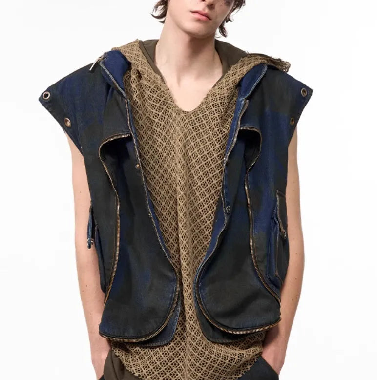 Blue Korean style hooded denim vest coat with matching trousers, front zipper closure