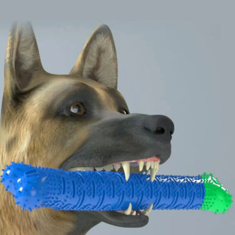 Blue silicone dog dental cleaning stick with serrated edges and bristles for teeth cleaning