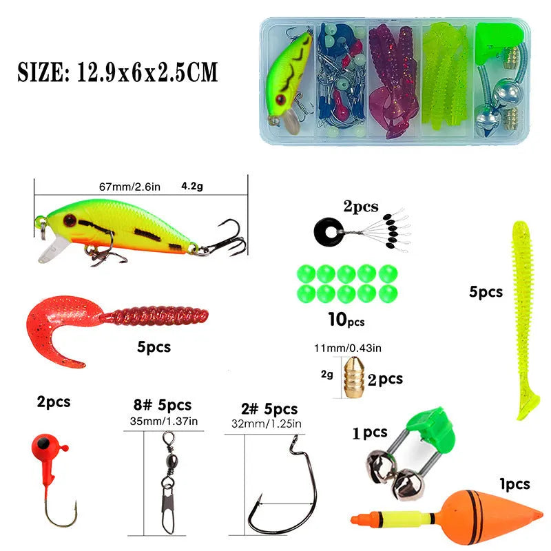Children's fishing rod set with pole and wheel in blue, green, red or yellow colours with accessory box