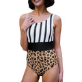 Leopard print women's one-piece swimsuit with an asymmetrical collar and high-waist briefs style.