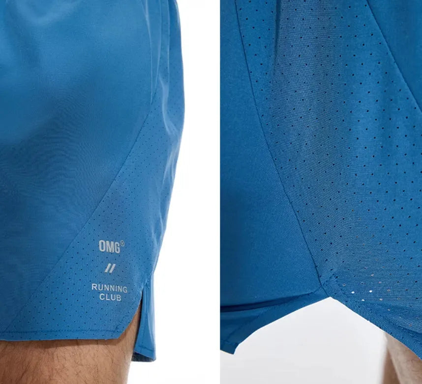Men's black and blue stretch running shorts with laser punching for athletic training