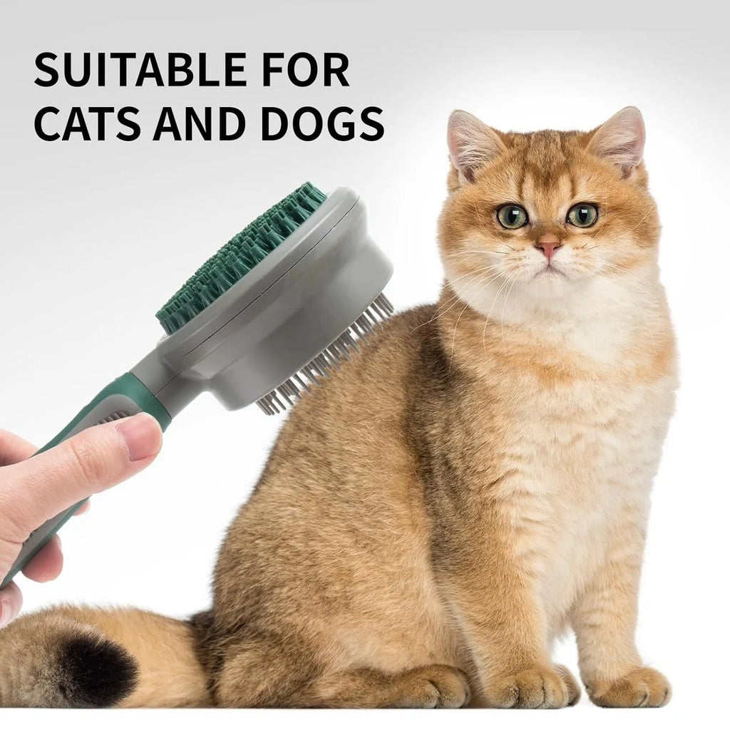 Green and pink two-sided silicone pet brush with slicker bristles and massage teeth on a white background