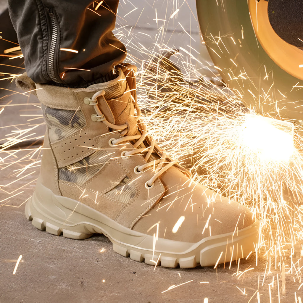 Khaki coloured high-top suede safety boots with steel toe cap and front lace-up closure on a rubber sole.