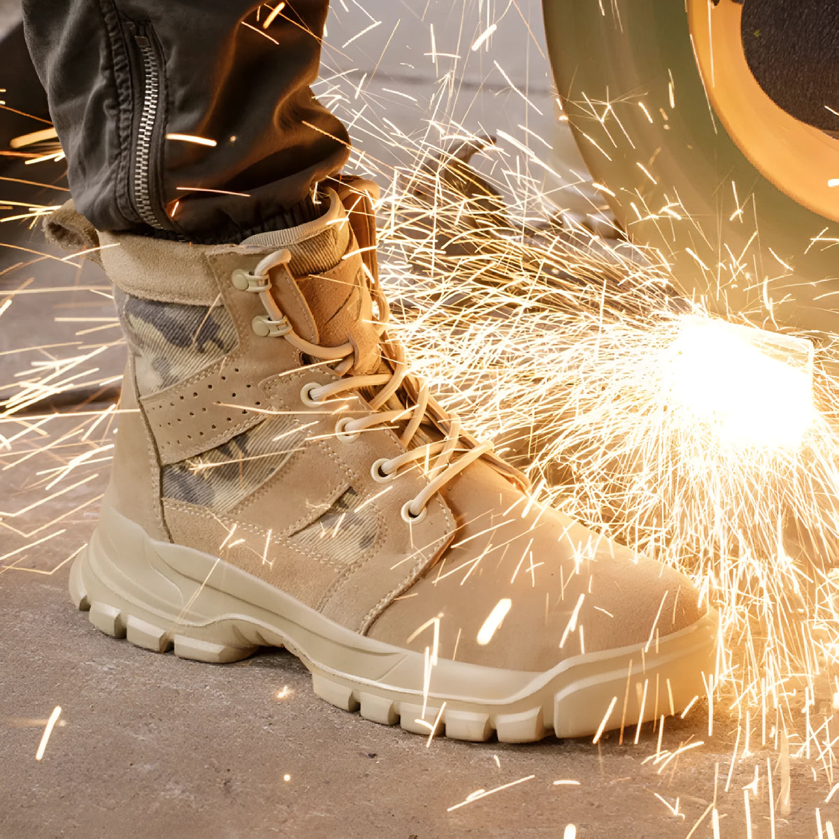 Khaki coloured high-top suede safety boots with steel toe cap and front lace-up closure on a rubber sole.