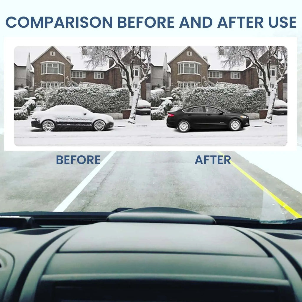 Black handheld car deicer and snow melting tool on car dashboard