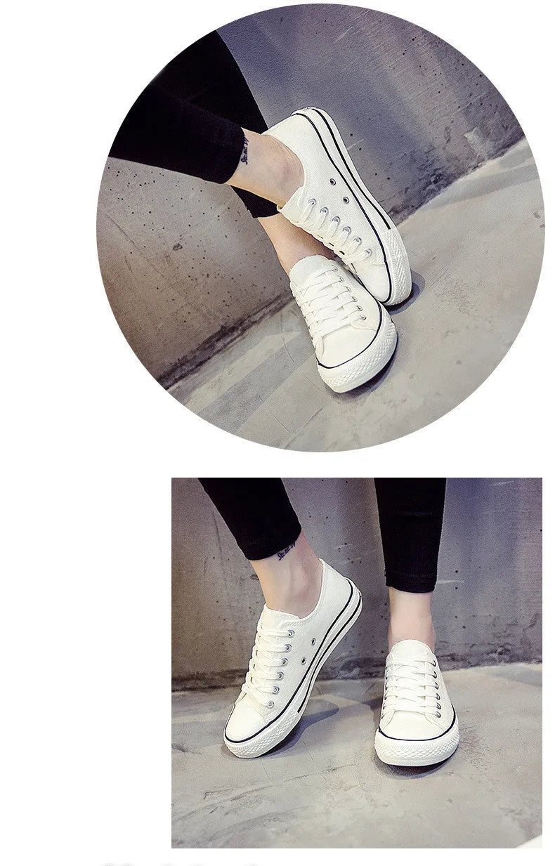 Women's solid colour canvas casual shoes in black, white black, white red, and all black.