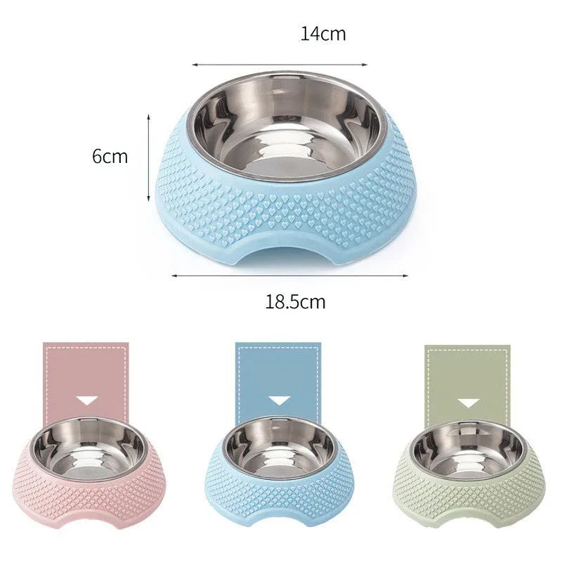 Stainless steel pet bowl with non-slip base in blue, green, and pink colour options.