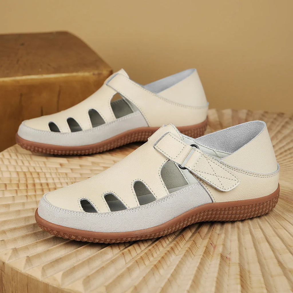 Women's plus size flat heel sandals with toe cap hollow breathable design in blue colour