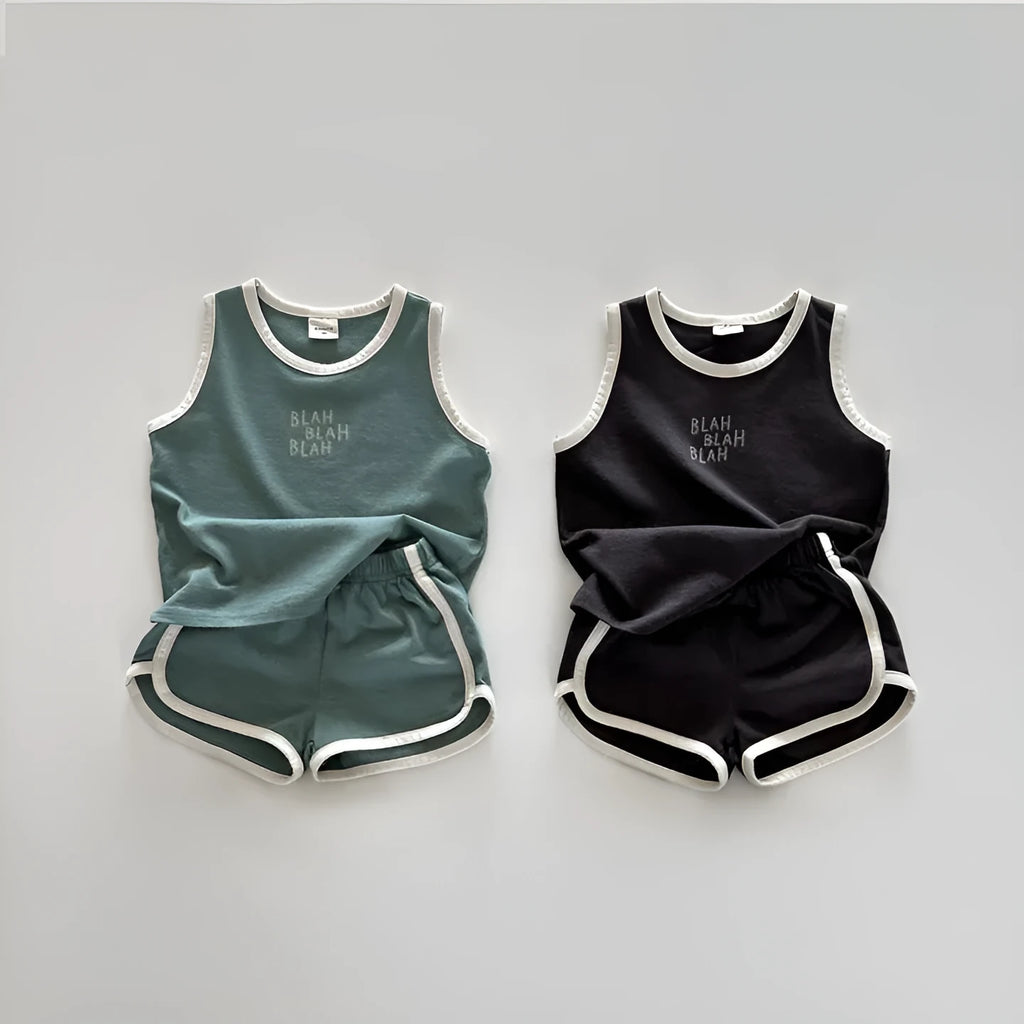 Children's cotton sports vest and shorts set in green or brown, two-piece outfit, sizes 80cm to 130cm.