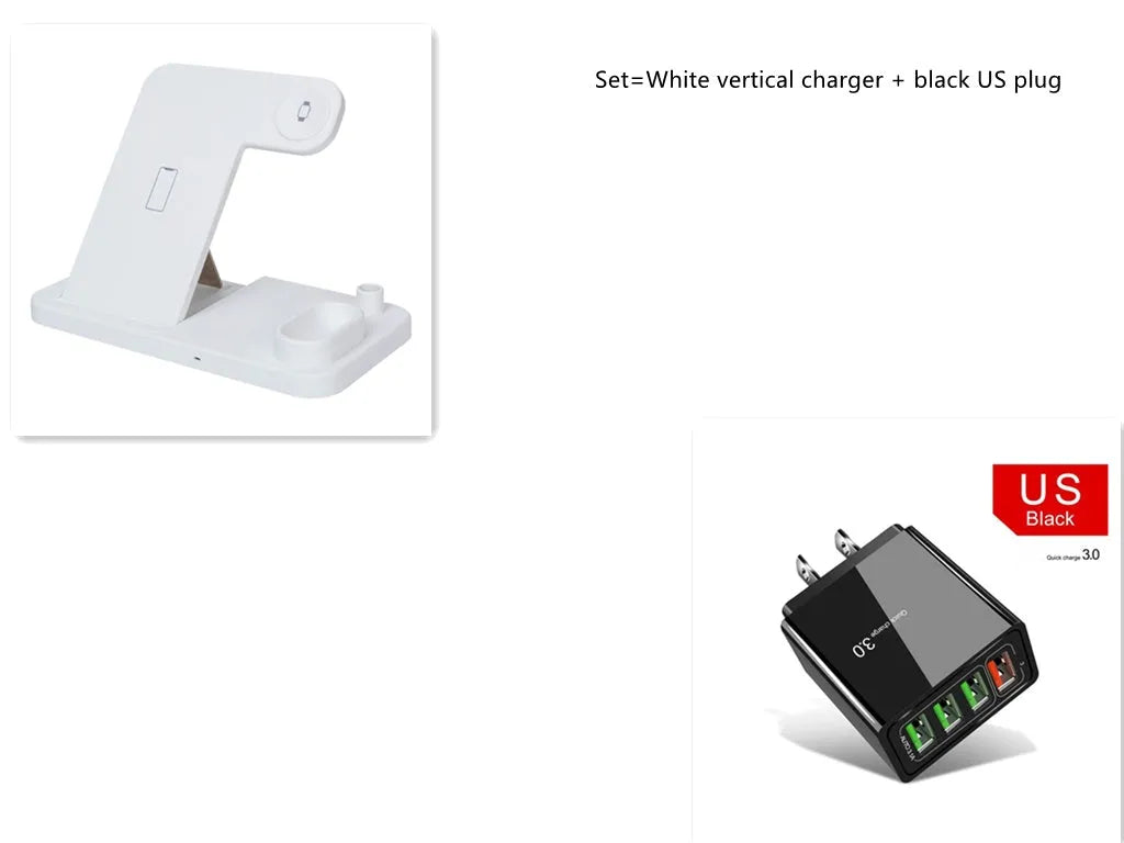 4-in-1 wireless charging station with adjustable magnetic support plate charging multiple devices