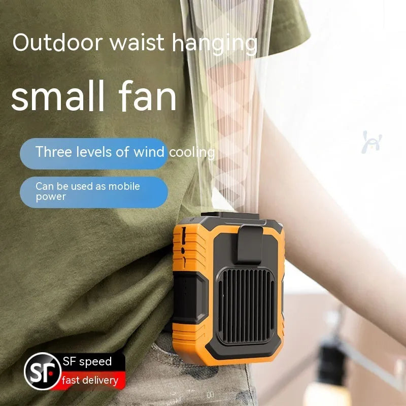 Green wrist-mounted portable fan with USB charging port, LED light, and adjustable strap.