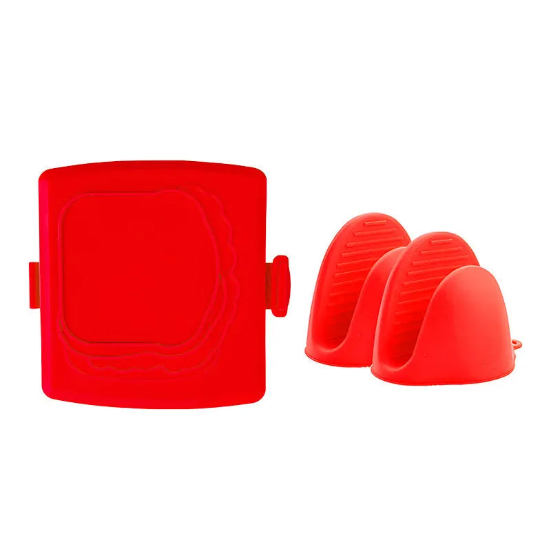 Red silicone baking tray with handbag-style handles and matching oven gloves set