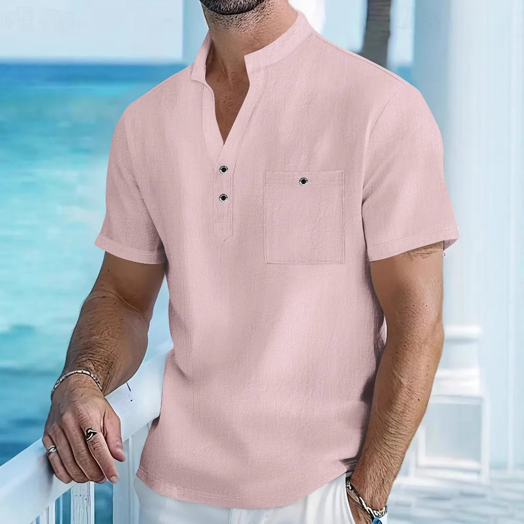 Men's loose fit linen blend stand collar t-shirt in light blue on a hanger.