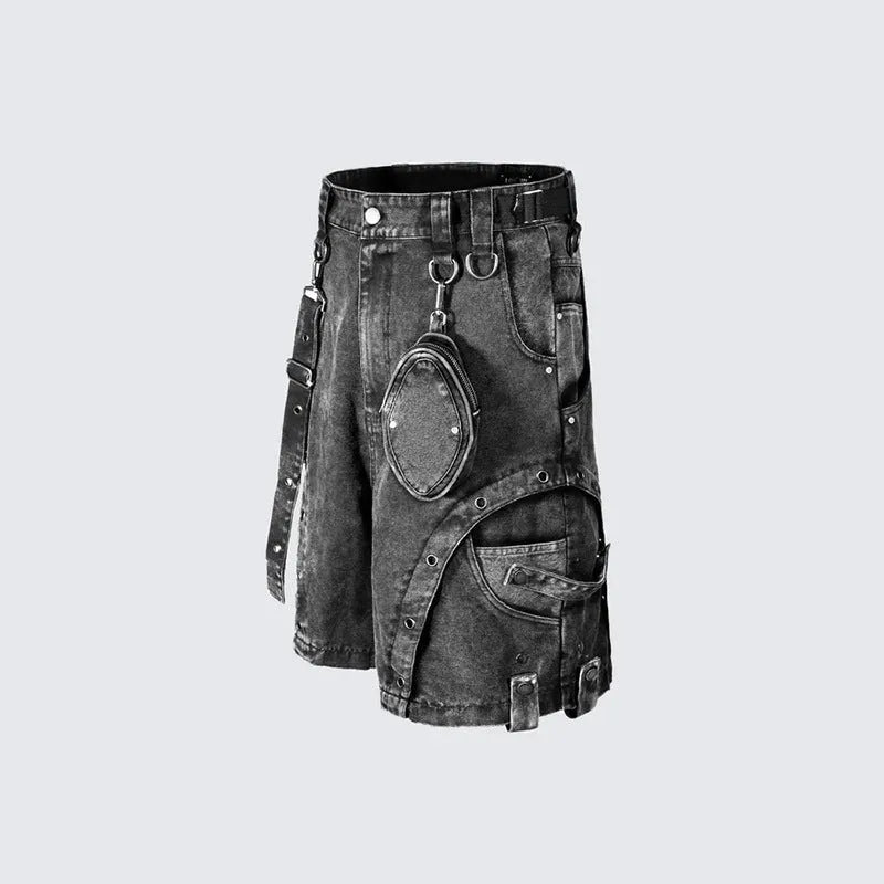 Retro washed denim shorts with high waist and loose fit design in light blue