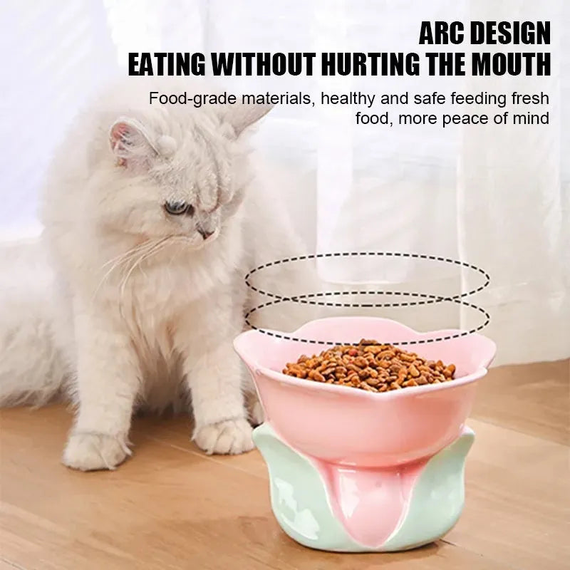 Blue ceramic raised pet bowl with floral pattern and non-slip base for cats and small dogs