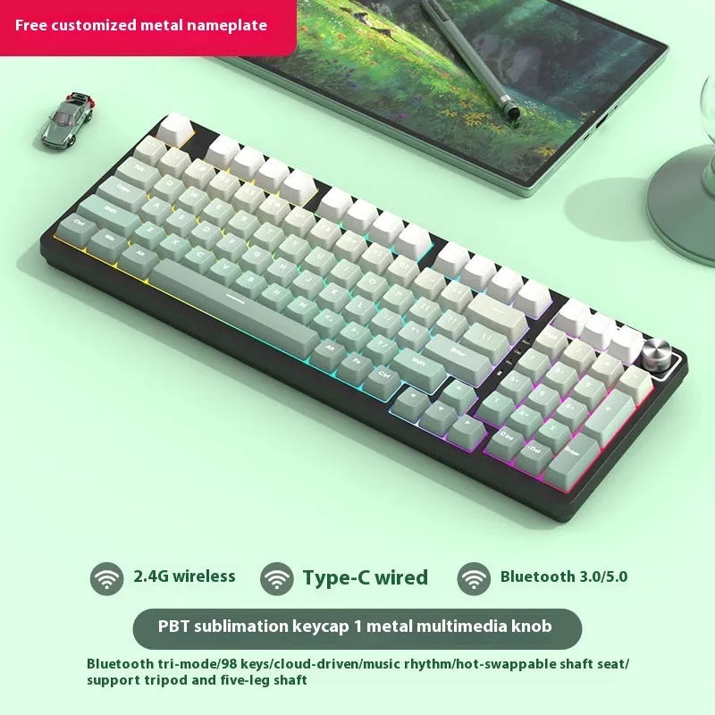 98 key wireless Bluetooth mechanical keyboard kit with metal knob on desk