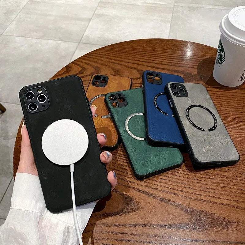 Black imitation leather magnetic charging case for iPhone showing magnetic ring and business styling