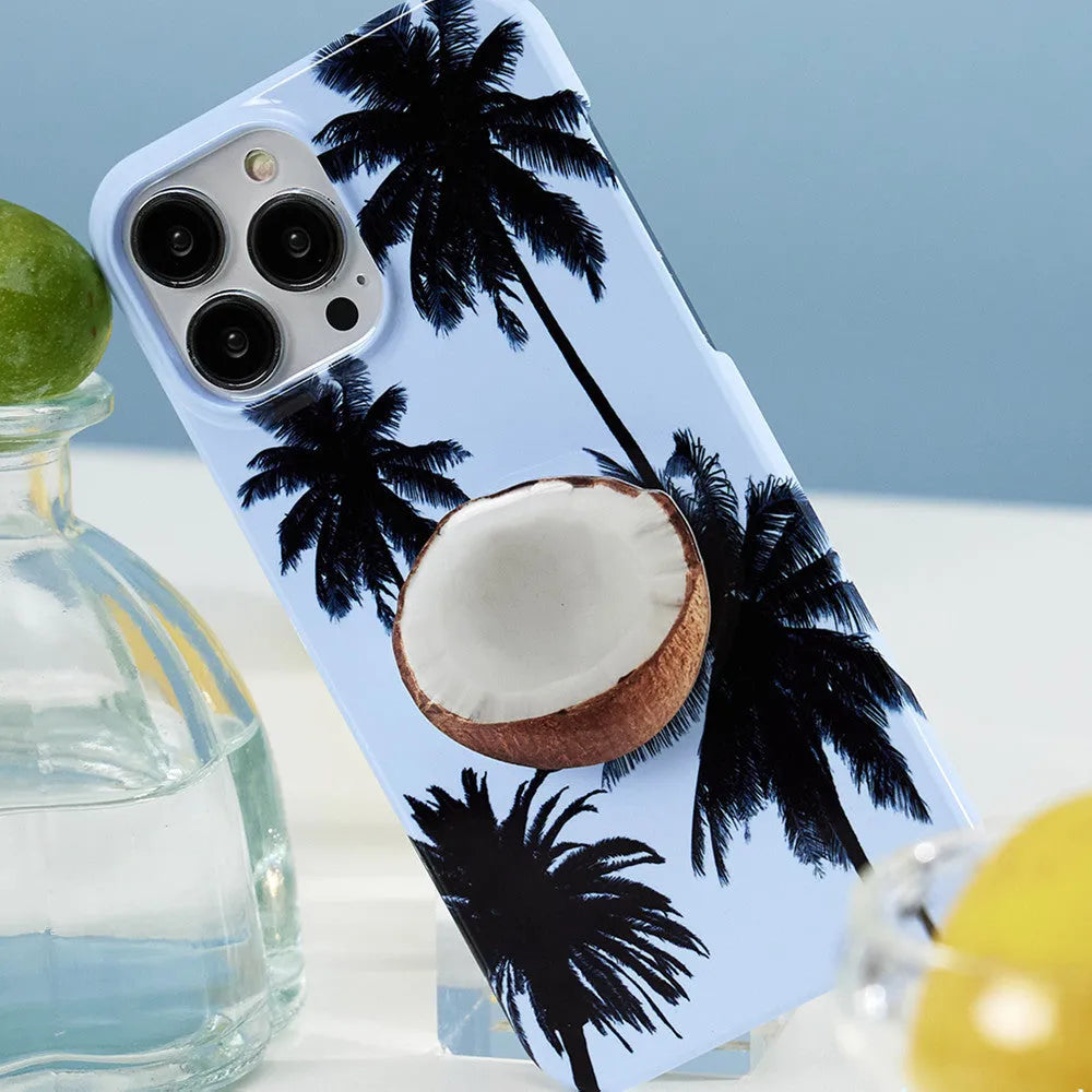 Original Summer Coconut design TPU phone case for Apple iPhone models on a table.