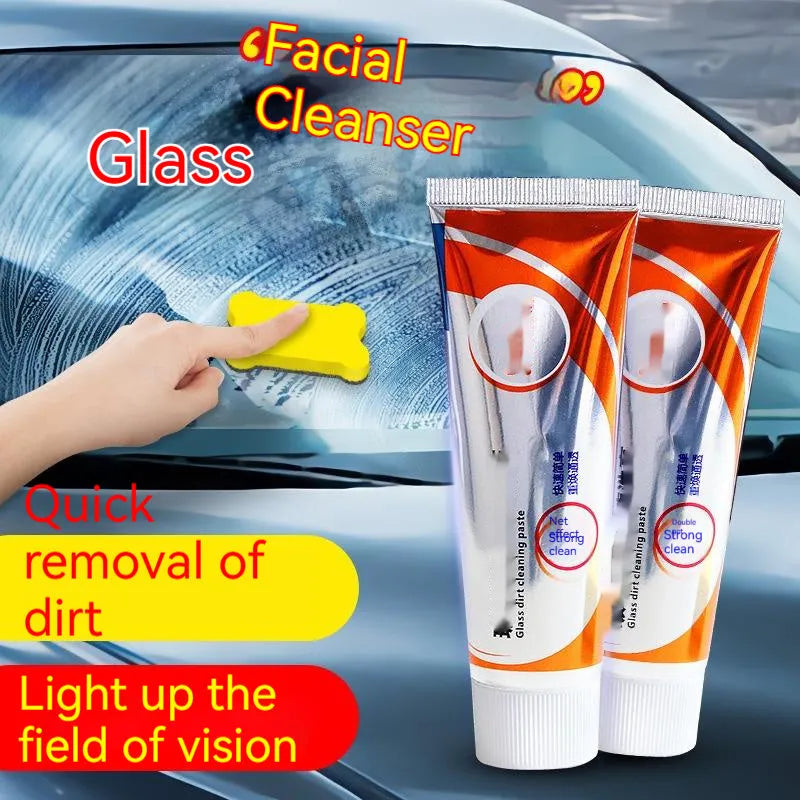 65ml bottle of white car windscreen cleaning paste and sponge mop for glass oil stain removal