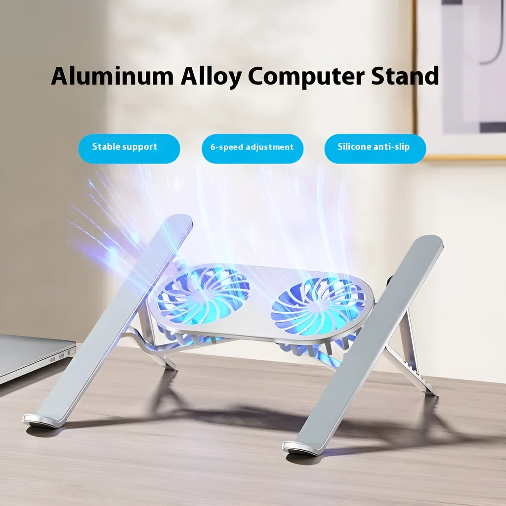 Silver aluminium laptop cooling stand with twin fans and height adjustment mechanism