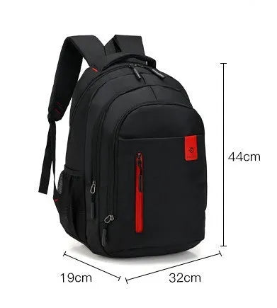 Blue Oxford fabric backpack with side zipper pockets and thick shoulder straps
