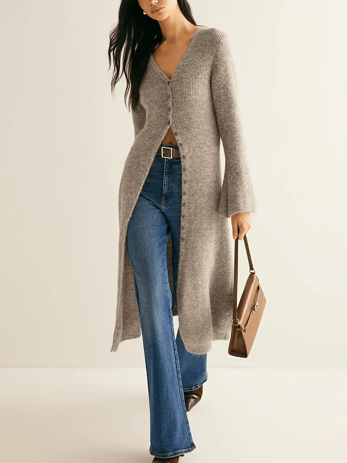 Khaki women's long sleeve cardigan coat with button front in a French retro style.