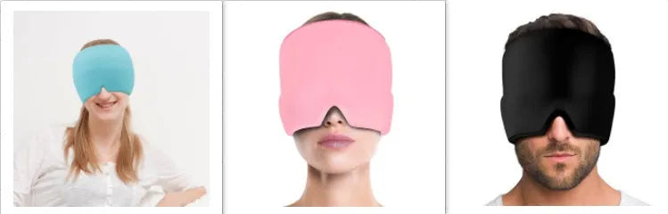 Black elastic cloth gel eye mask for headache relief showing adjustable design