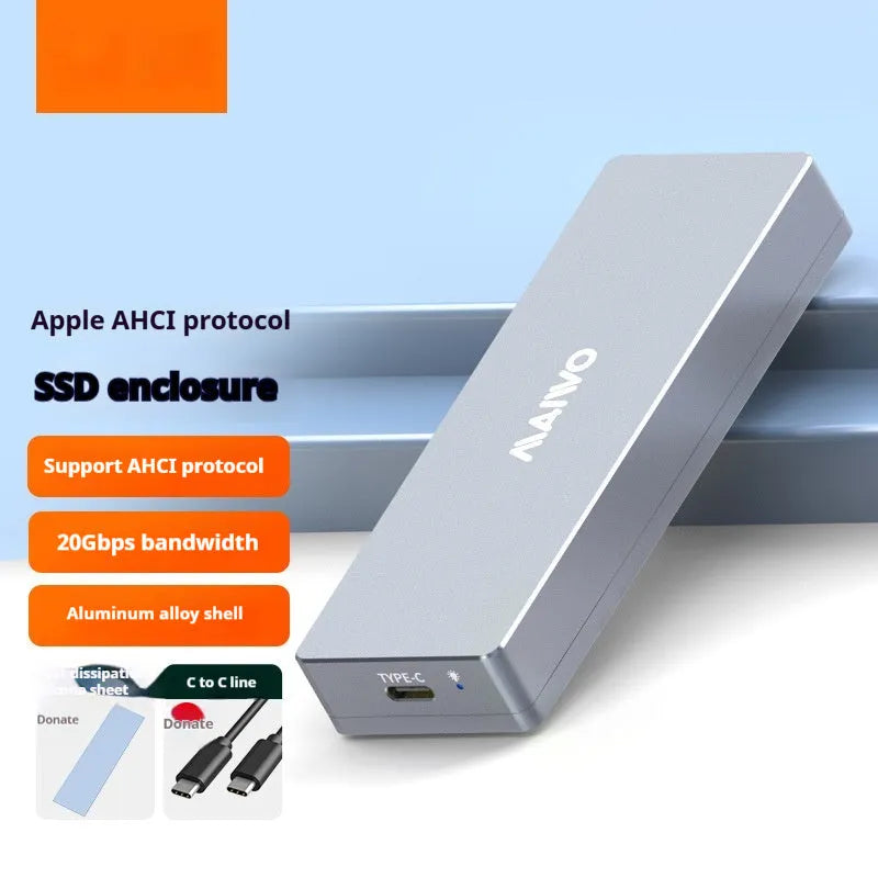 Type-C M.2 SSD hard disk cartridge with aluminium housing, screwdriver, screws, silicone radiator and adapter cable
