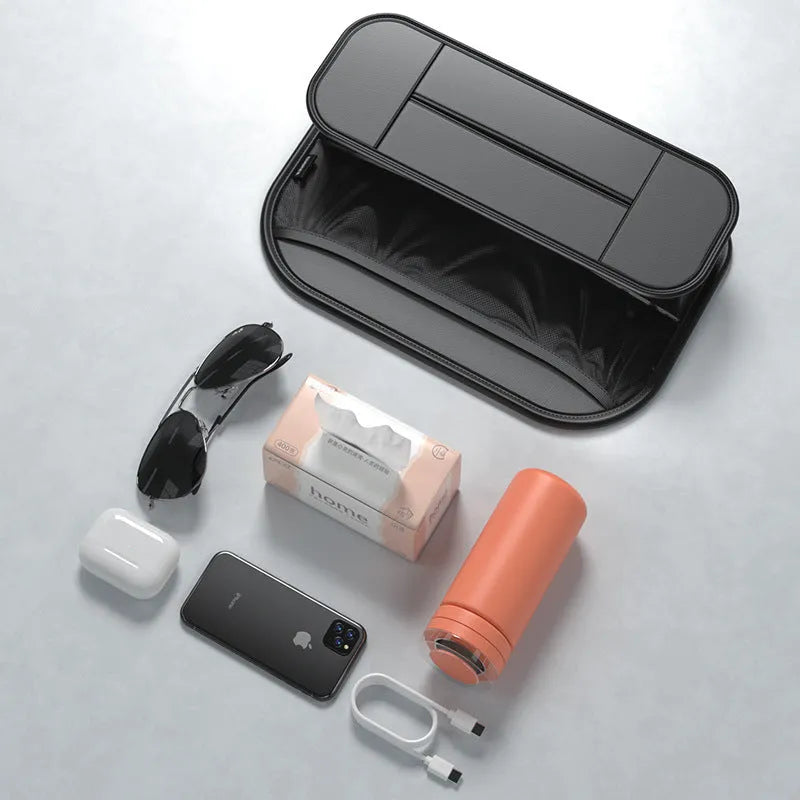 Black leather car seat rear storage bag with dimensions 36x8x24cm showing customisable compartments