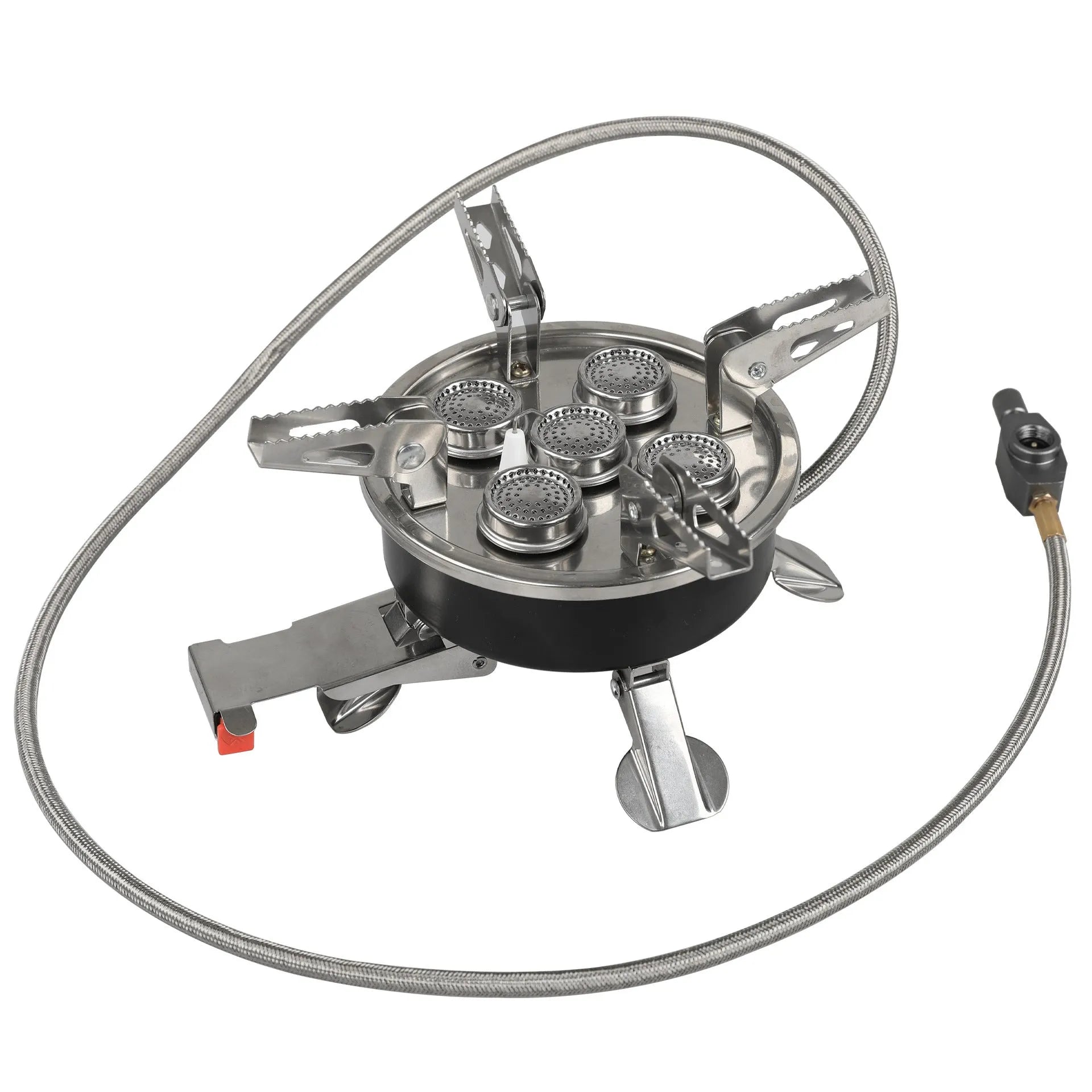 Silver stainless steel split camping stove with 100cm hose and foldable design